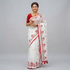 Semi Half Silk Embroidery White Saree - B
