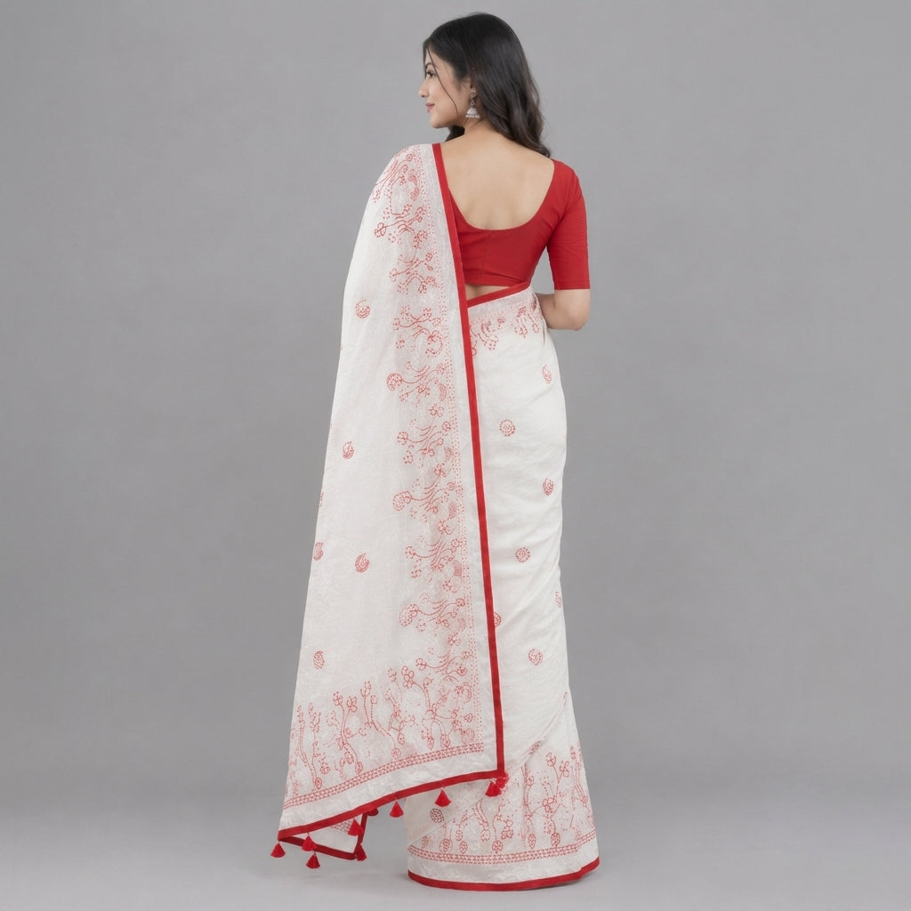 Semi Half Silk Embroidery White Saree - C