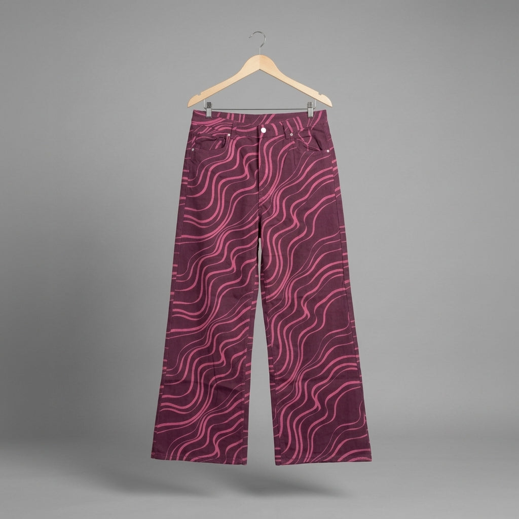 High waist wide leg pink print twill pant - Red