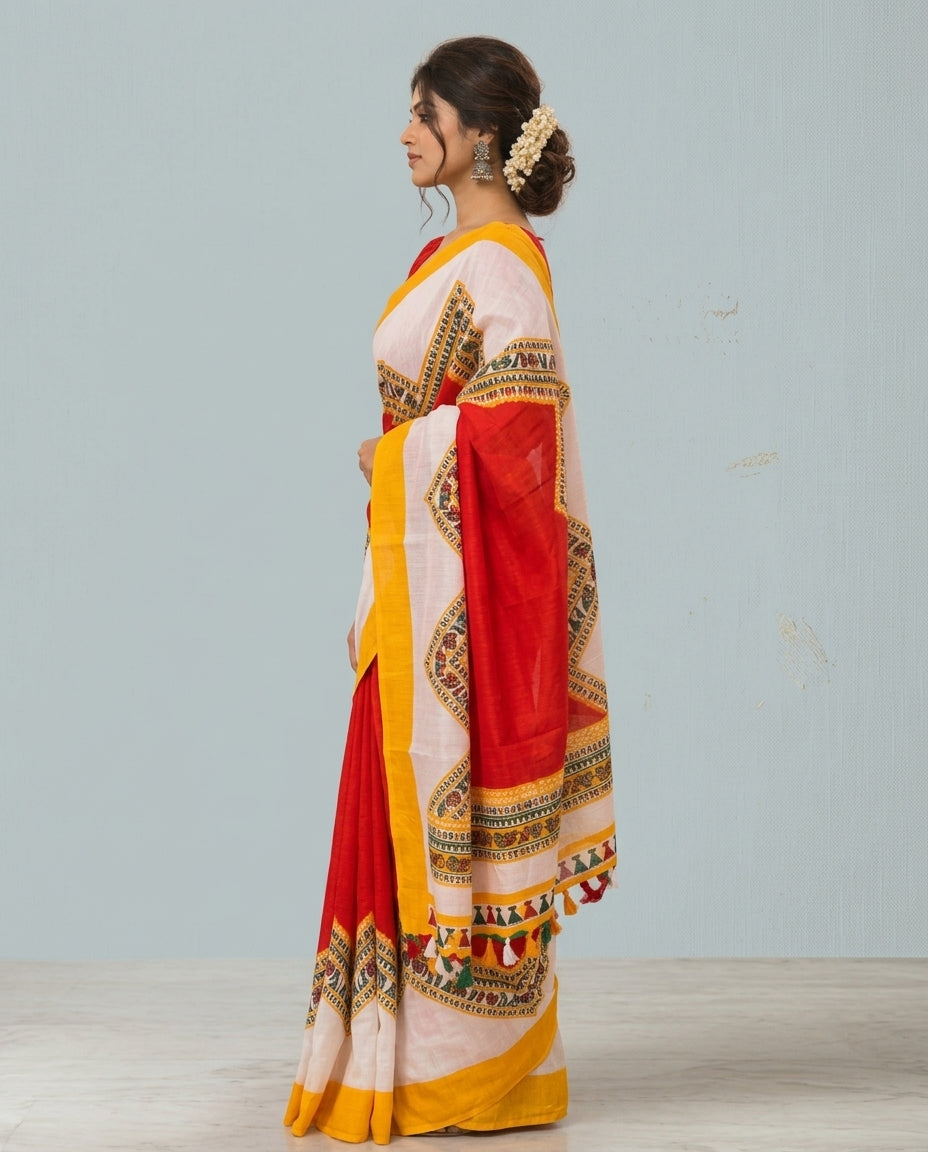Remi Silk Print Saree - Red, White & yellow