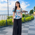 Floral Printed Square Neck Tops sky & purple