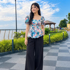 Floral Printed Square Neck Tops sky & purple
