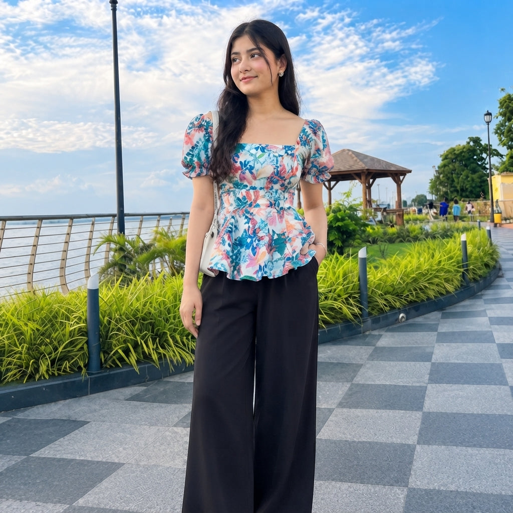 Floral Printed Square Neck Tops sky & purple