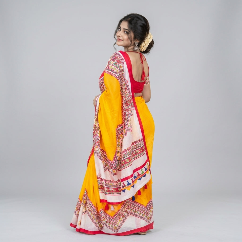 Remi Silk Print Saree - Yellow, White & Red