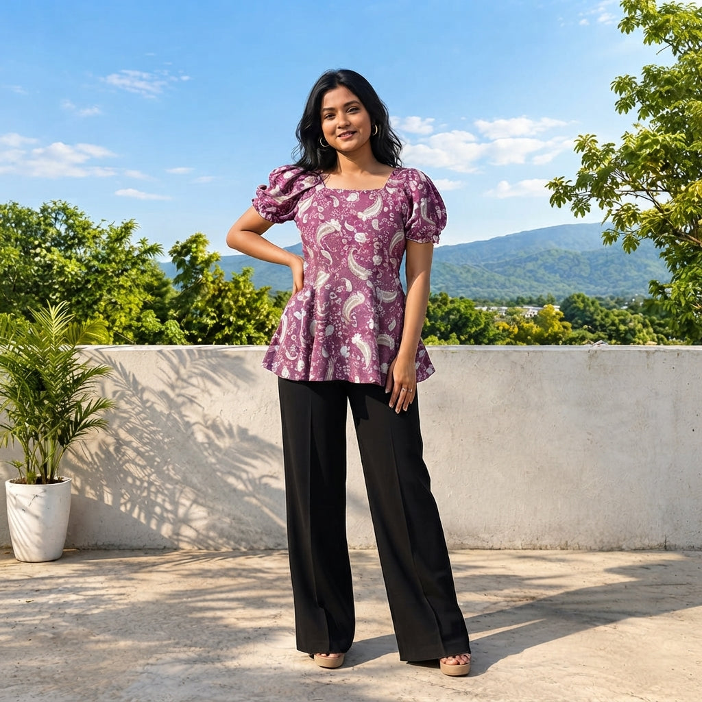 Ladies Floral Printed Square Neck Tops - Purple