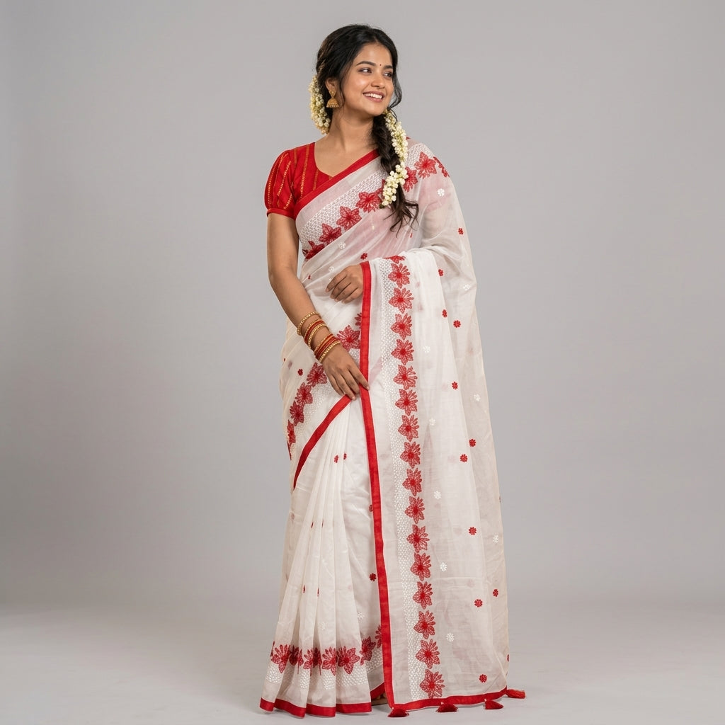 Semi Half Silk Embroidery White Saree - A
