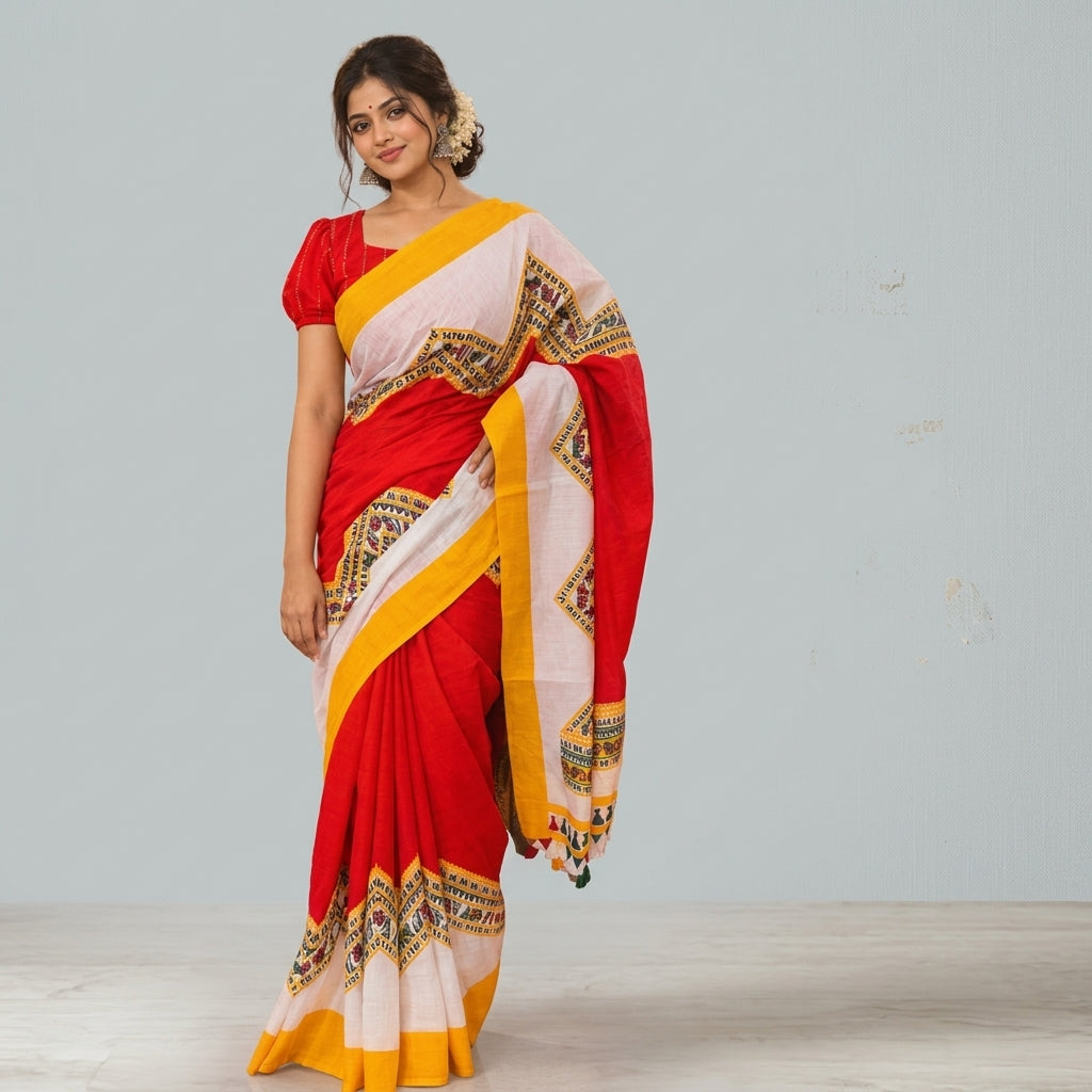 Remi Silk Print Saree - Red, White & yellow