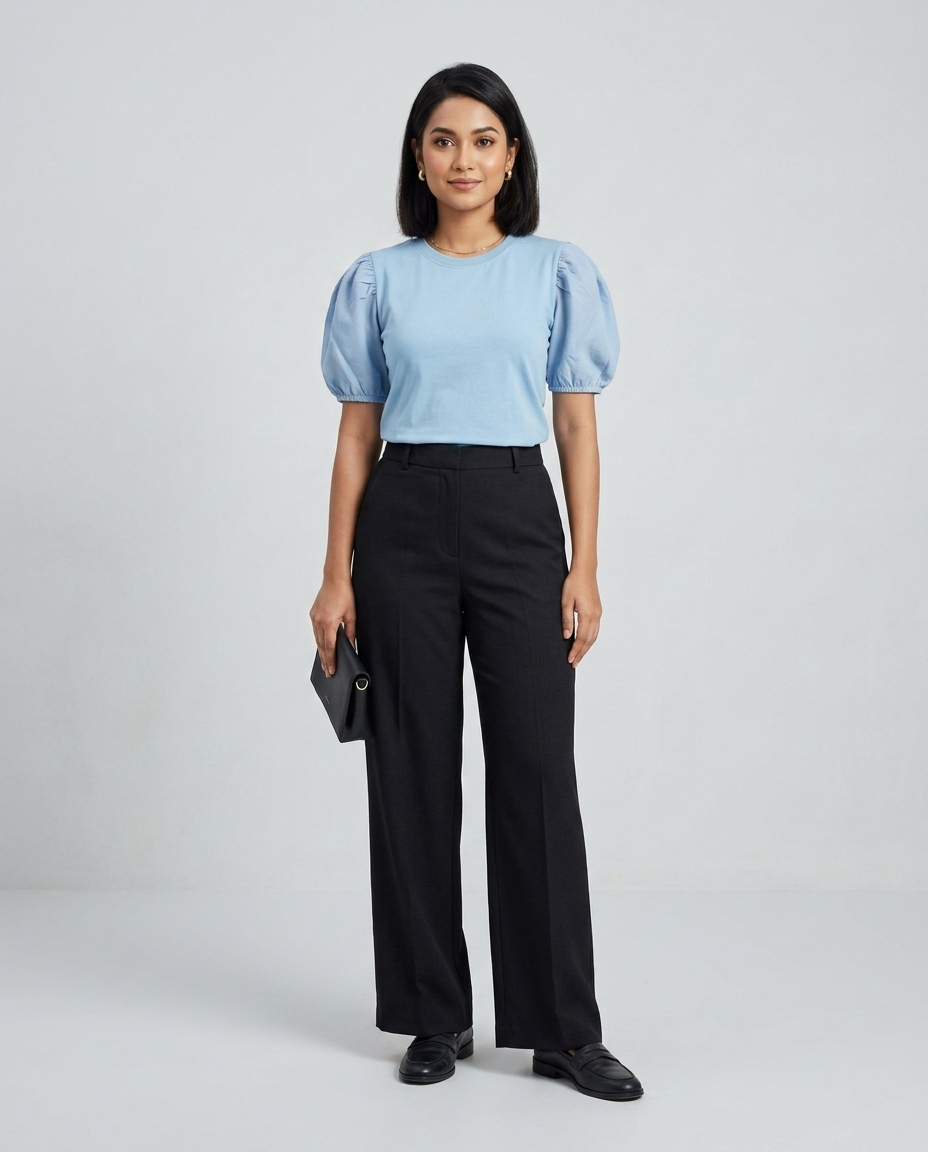 Woven Puff Sleeve T-Shirt -Sky Blue
