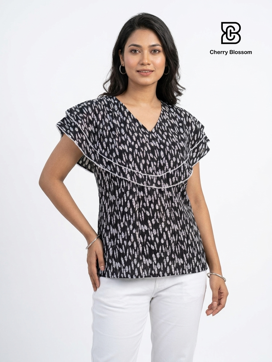 Ladies Floral Printed Double Tops -Black