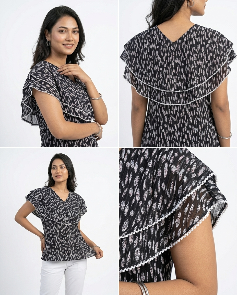 Ladies Floral Printed Double Tops -Black