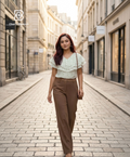 Ladies Floral Printed Double Tops -Cream