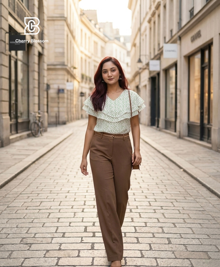 Ladies Floral Printed Double Tops -Cream