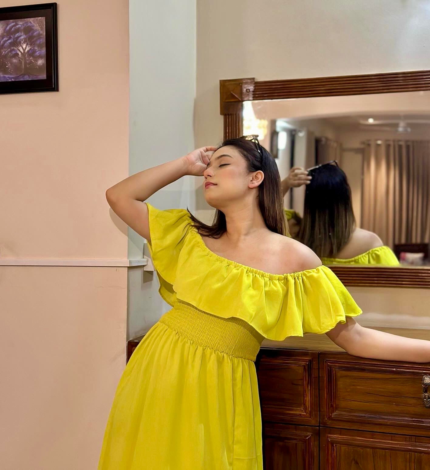 Ladies Off Shoulder Party Dress -Lemon