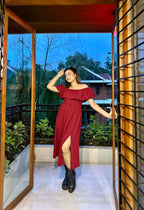 Ladies Off Shoulder Party Dress -Maroon