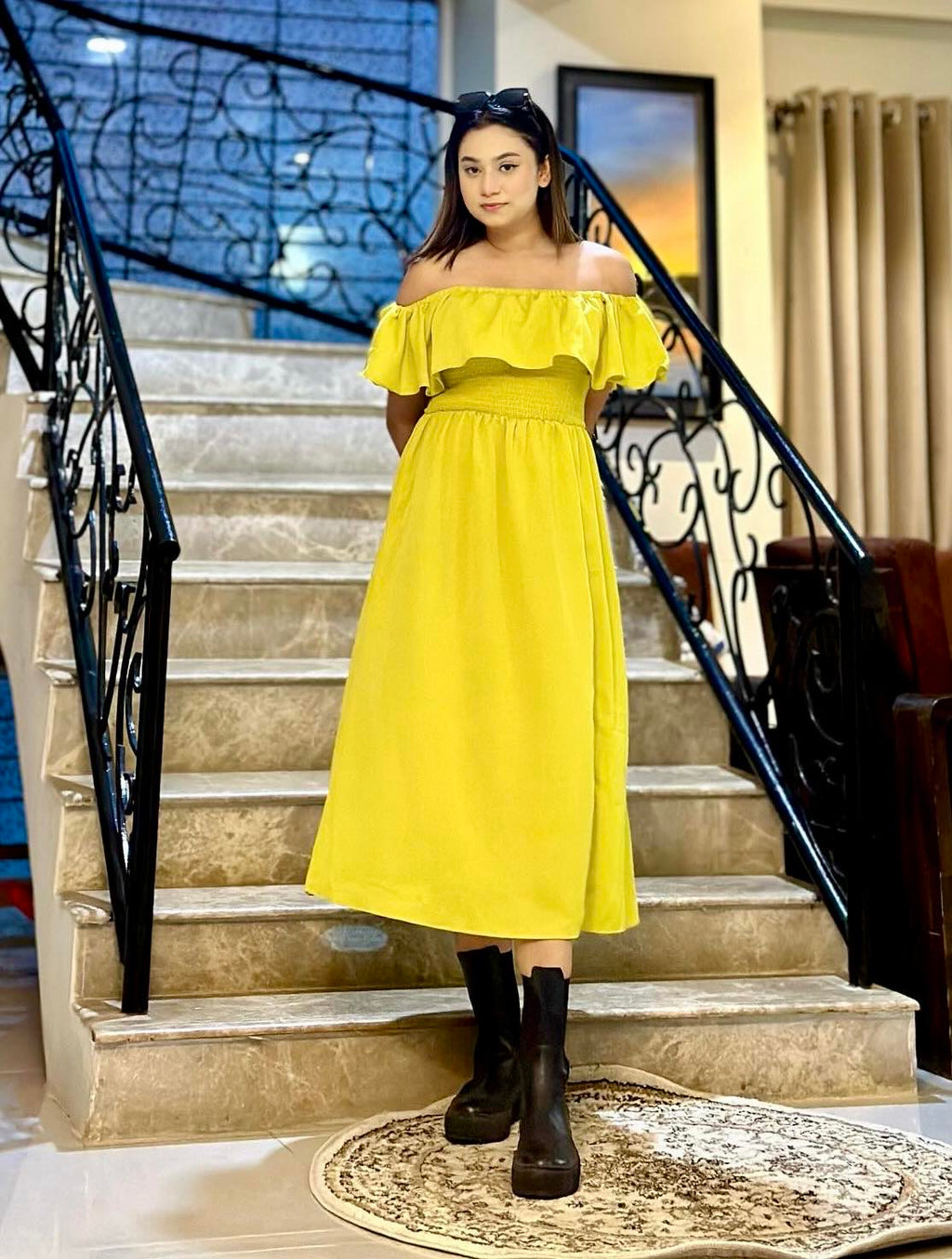 Ladies Off Shoulder Party Dress -Lemon