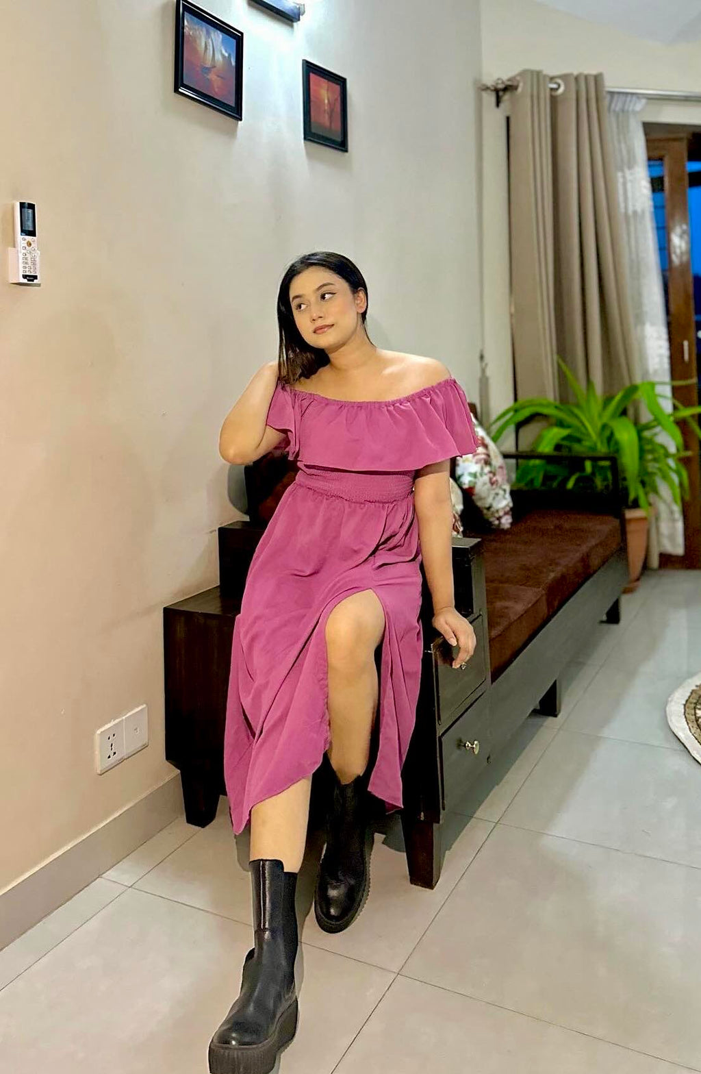 Ladies Off Shoulder Party Dress -Onion
