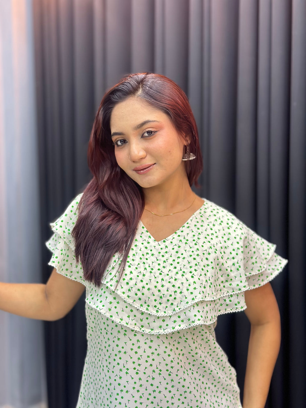 Ladies Floral Printed Double Tops -Cream