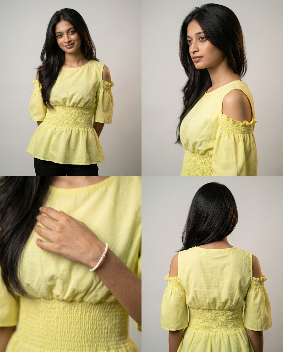 Waist Gathered Flutter Sleeve Tops -Light Yellow