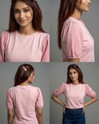Woven Puff Sleeve T-Shirt - Pink