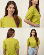 Woven Puff Sleeve T-Shirt -Olive