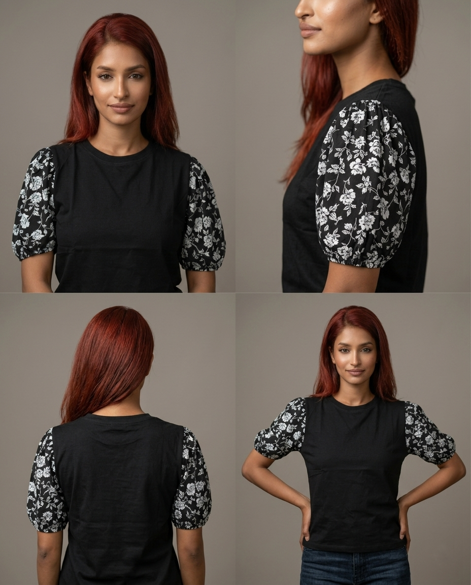 Printed Puff Sleeve T-Shirt -Black