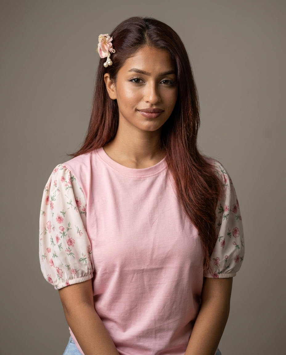 Printed Puff Sleeve T-Shirt -Pink