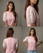 Printed Puff Sleeve T-Shirt -Pink