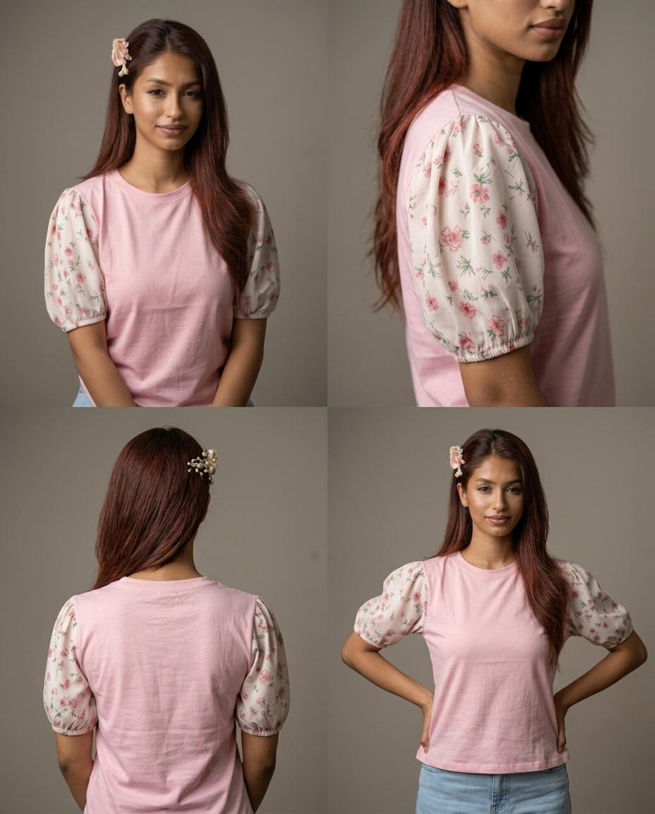 Printed Puff Sleeve T-Shirt -Pink
