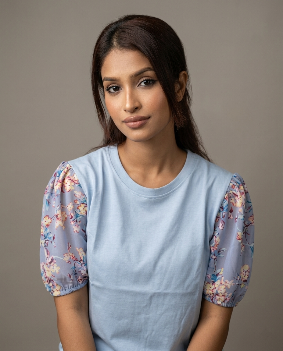 Printed Puff Sleeve T-Shirt -Sky Blue