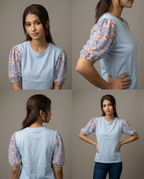 Printed Puff Sleeve T-Shirt -Sky Blue