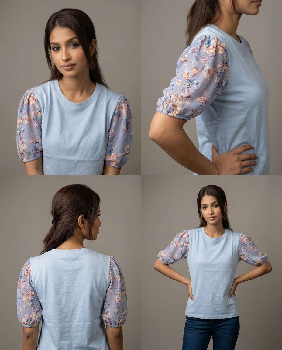 Printed Puff Sleeve T-Shirt -Sky Blue