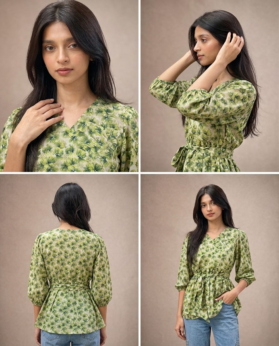 Floral Printed Crisscross Tie Front Tops -Olive