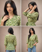 Floral Printed Crisscross Tie Front Tops -Olive
