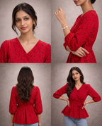 Ladies Floral Printed Crisscross Tie Front tops -Red