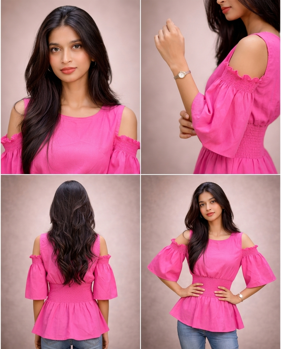 Waist Gathered Flutter Sleeve Tops -Hot Pink