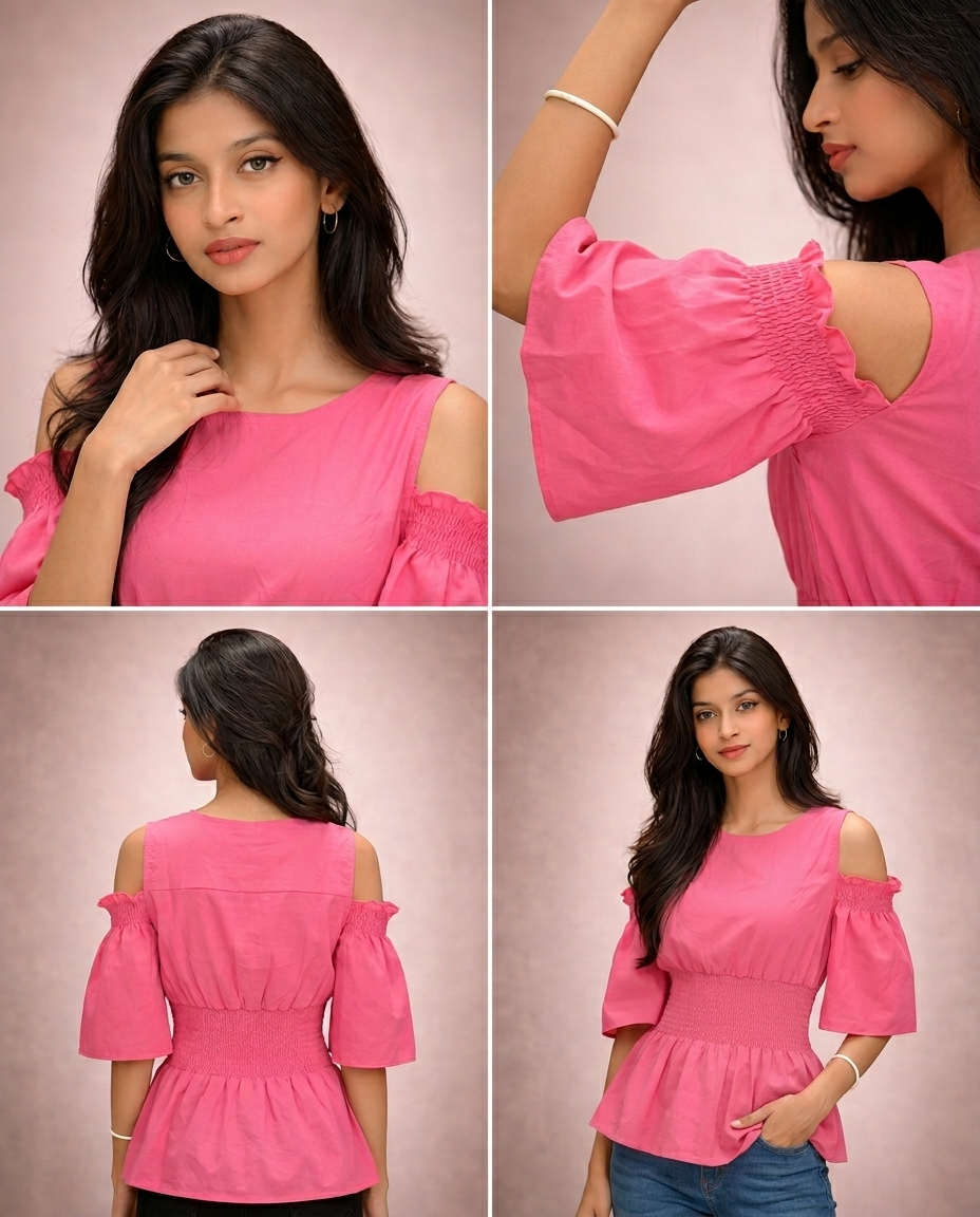 Waist Gathered Flutter Sleeve Tops -Dusty Pink (Misti Color)