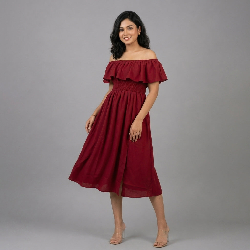 Ladies Off Shoulder Vacation dress - Maroon