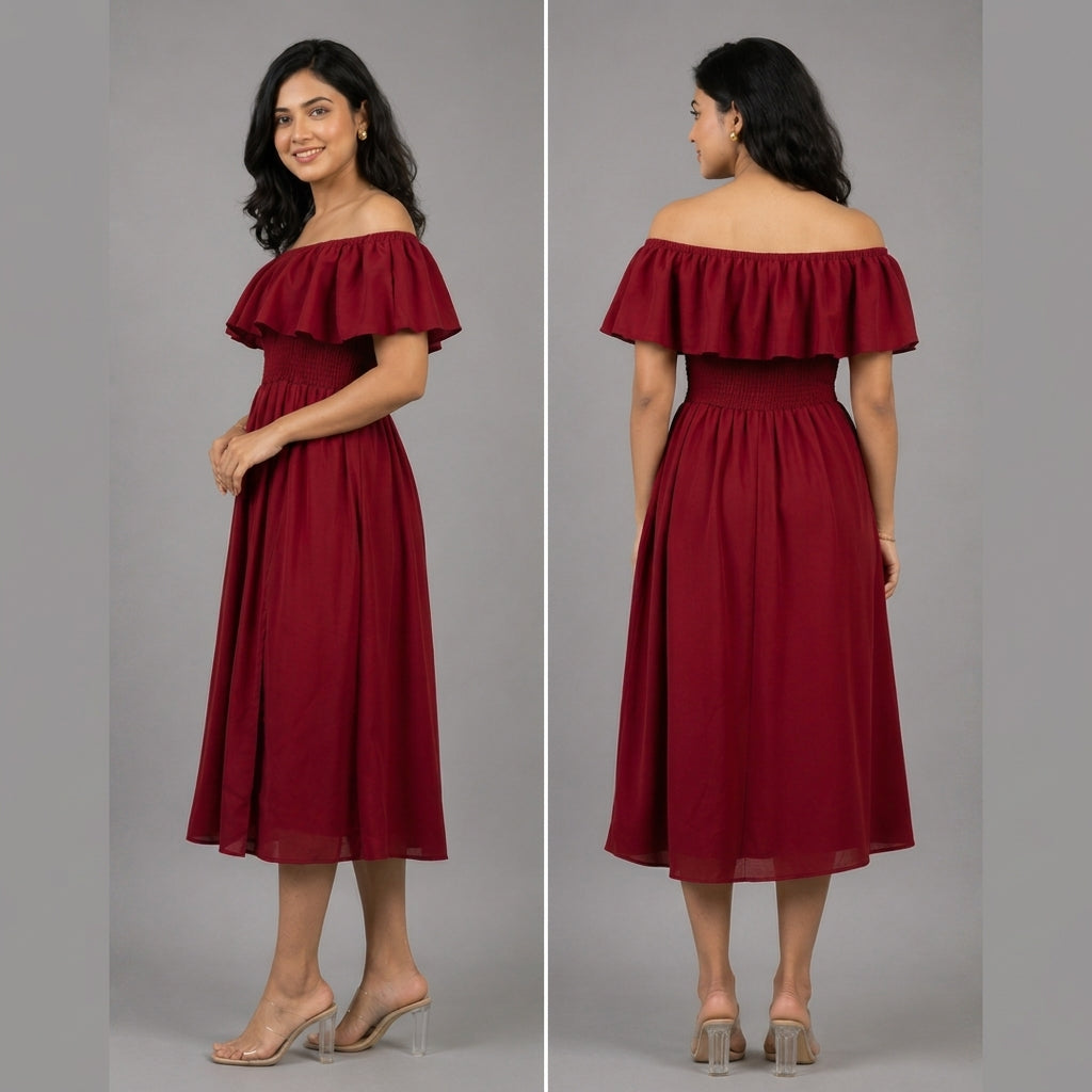 Ladies Off Shoulder Vacation dress - Maroon