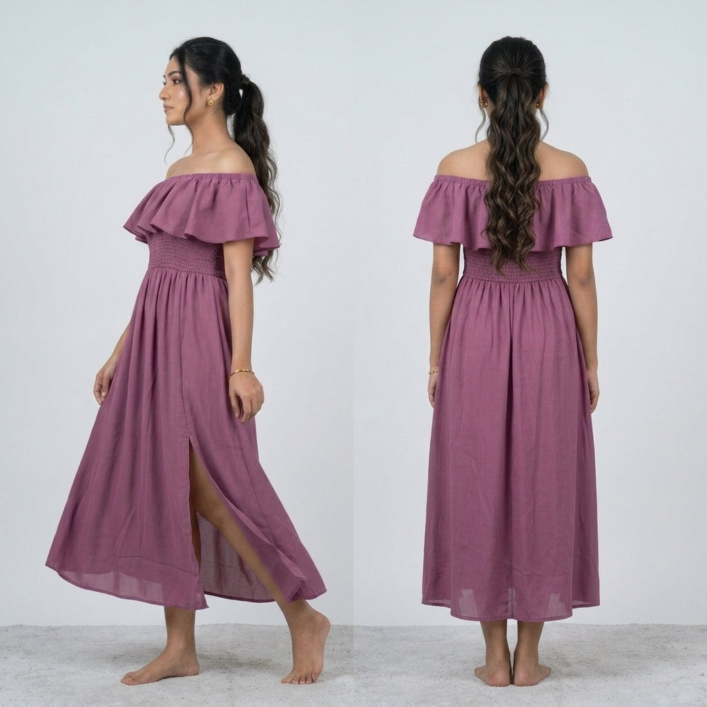 Ladies Off Shoulder Vacation Dress -Onion