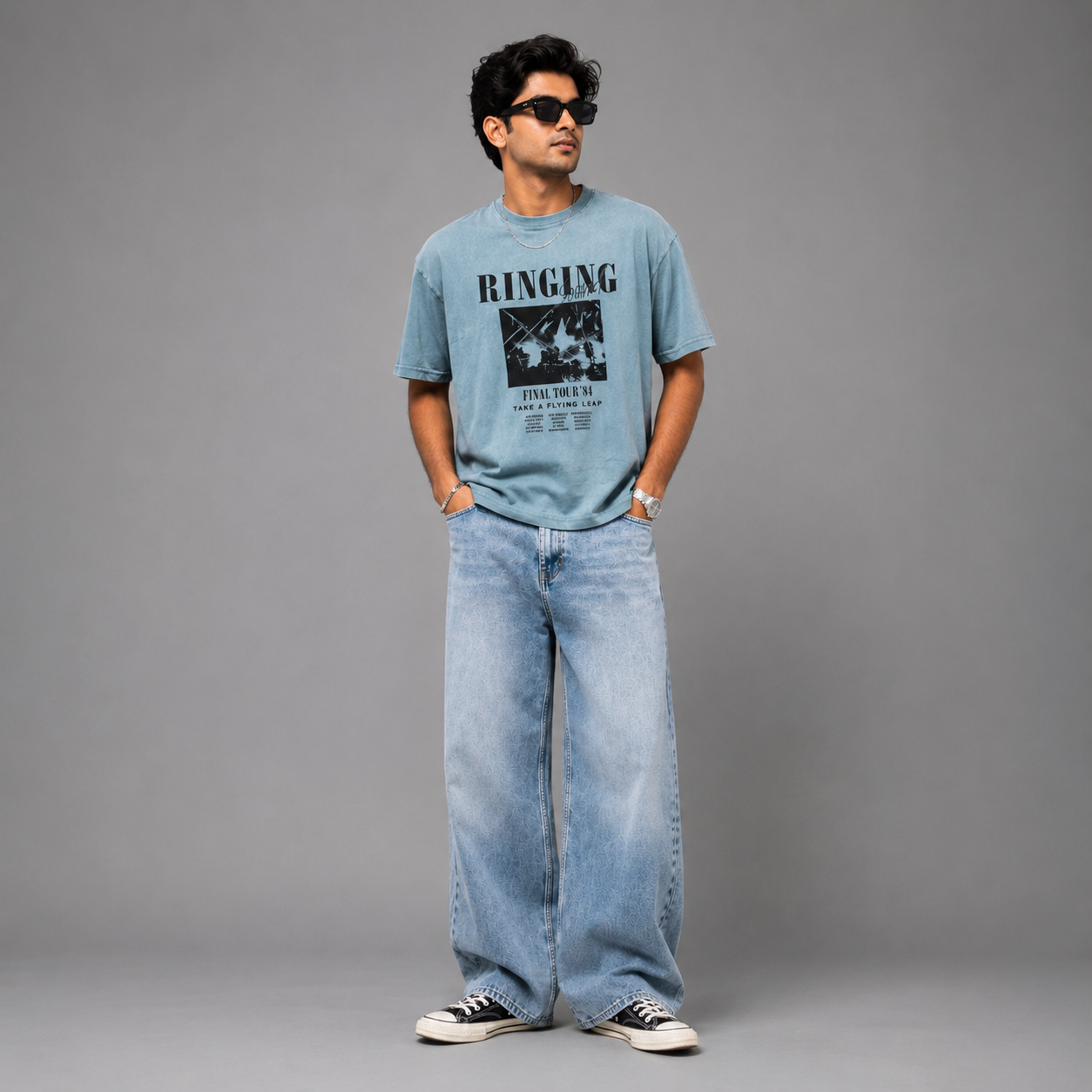 Printed Drop Shoulder T-Shirt -Teal