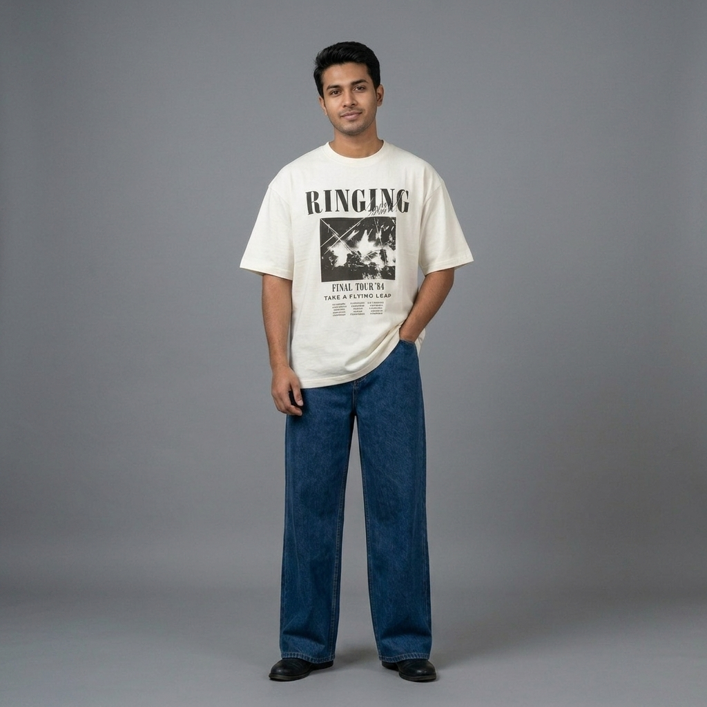 Printed Drop Shoulder T-Shirt -White