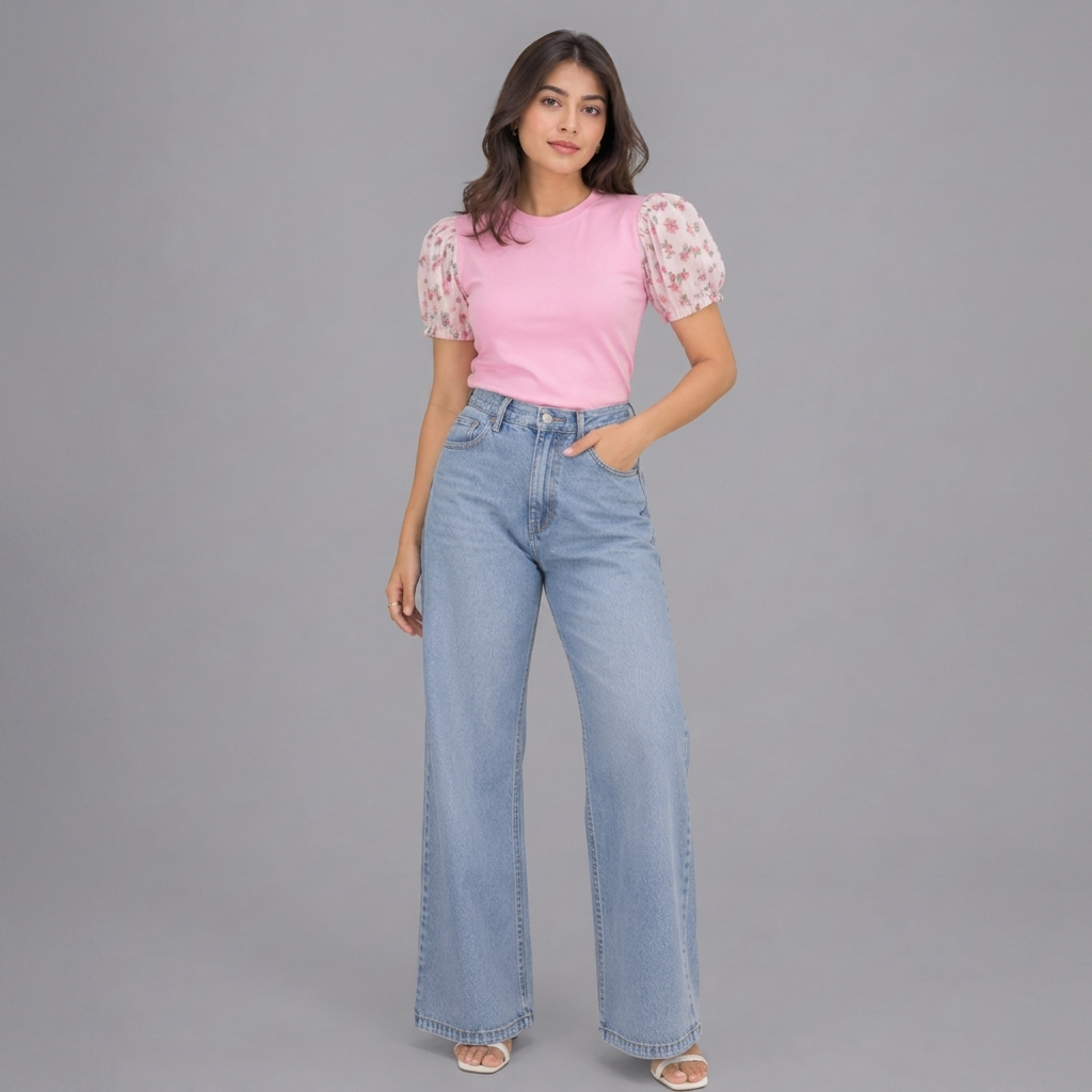 Printed Puff Sleeve T-Shirt -Pink