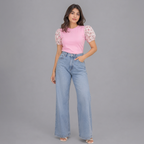 Printed Puff Sleeve T-Shirt -Pink