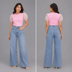 Printed Puff Sleeve T-Shirt -Pink