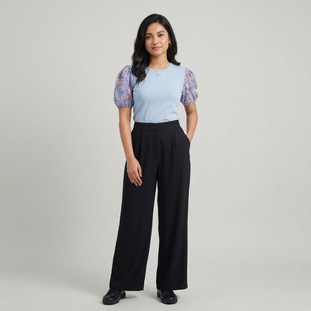 Printed Puff Sleeve T-Shirt -Sky Blue