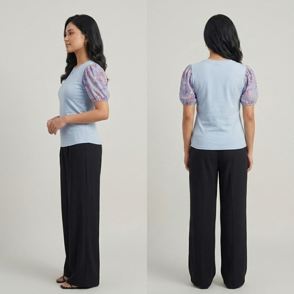 Printed Puff Sleeve T-Shirt -Sky Blue