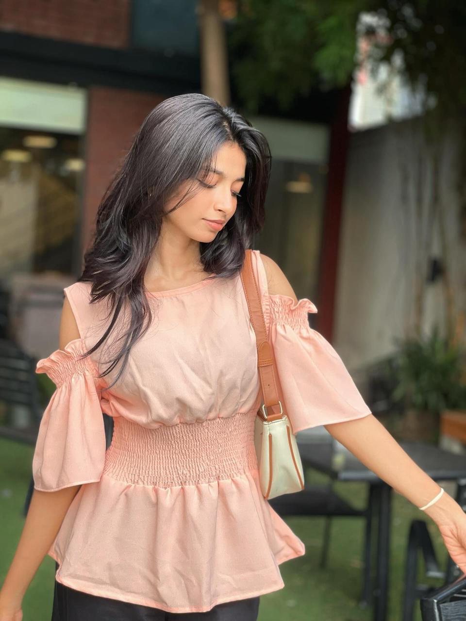 Waist Gathered Flutter Sleeve Tops -Baby Pink