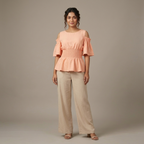 Waist Gathered Flutter Sleeve Tops -Baby Pink
