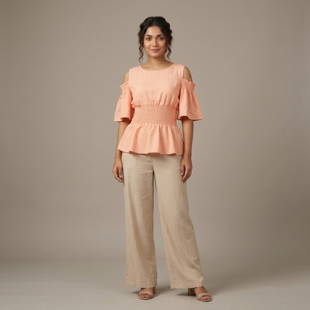 Waist Gathered Flutter Sleeve Tops -Baby Pink