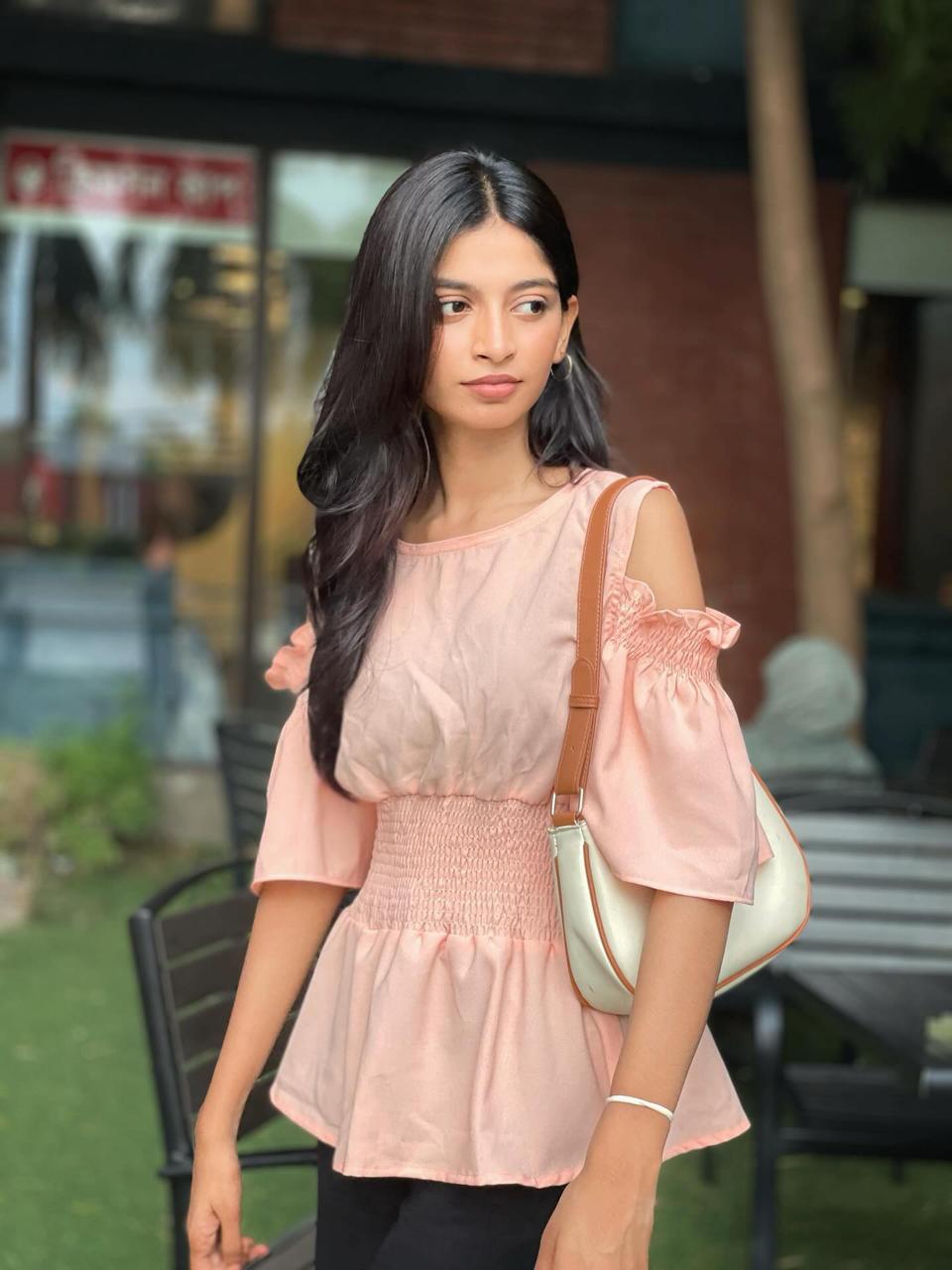 Waist Gathered Flutter Sleeve Tops -Baby Pink